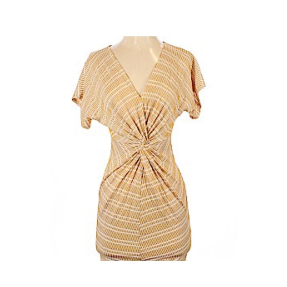 Sage The Label Mustard Yellow White Striped Twist Front V-Neck Mini Dress S